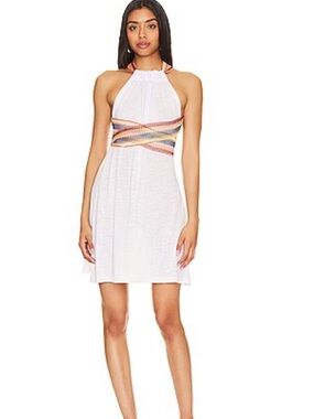 Pitusa White Halter Mini Dress Beach Coverup with Multicolor Waist Detail